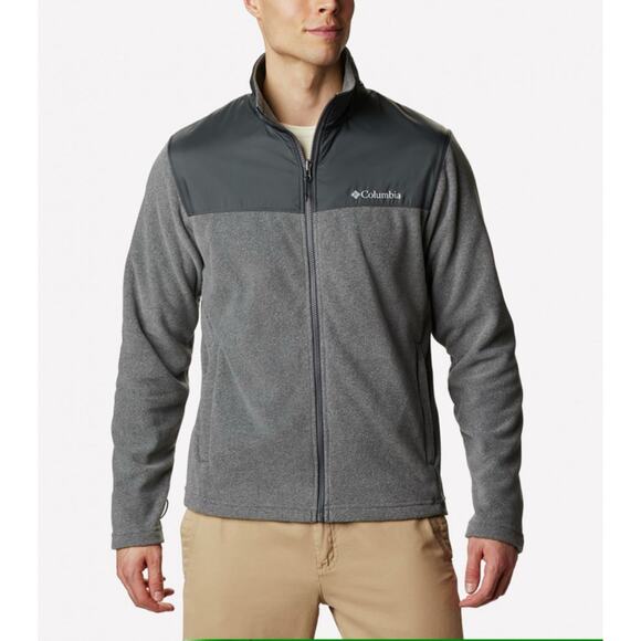 Columbia Fleece Jacket Gray 2 Tone Mens L Full Zip Logo Pockets Outdoors Hiking - Picture 1 of 6